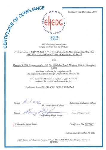 EHEDG Certificate for sanitary pressure transmitter -LEEG INSRTUMENTS