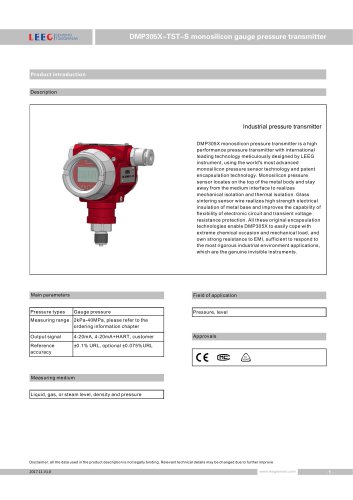 Gauge pressure transmitter DMP305X-TST-S