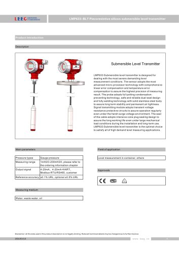 Hydrostatic level sensor with display datasheet LMP633-BCT