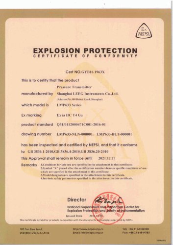 Intrinsic safety certificate for LMP633 submersible pressure transmitter