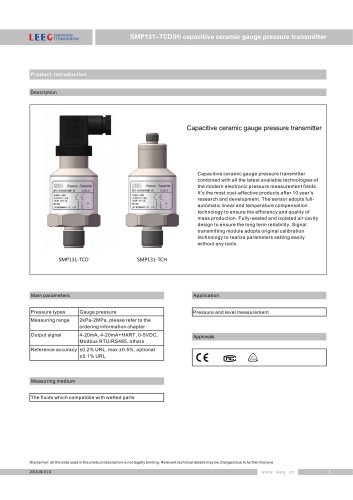 LEEG Instruments ceremic pressure sensor for corrosive liquid and gas SMP131-TCD datasheet