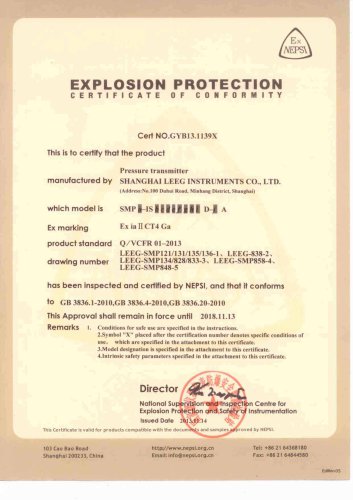 LEEG SMP Series Pressure Transducer Explosion Protection Certificate