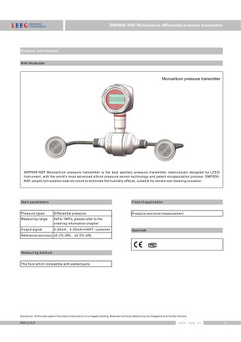 NEW SMP858-NSF sanitary differential pressure transmitter with diaphragm sealed datasheet