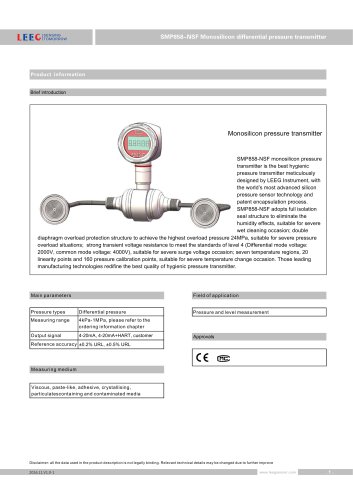 SMP858-NSF hygienic differential pressure transmitter