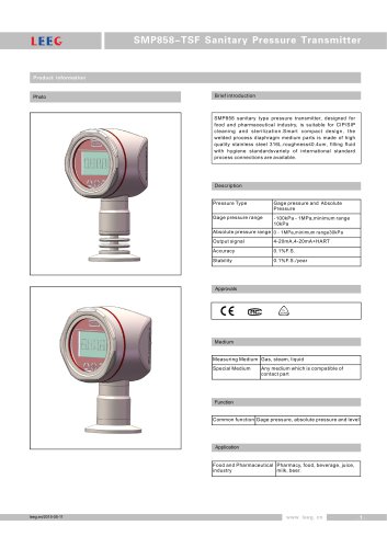 SMP858-TSF High overload pressure transmitter for pharmacy