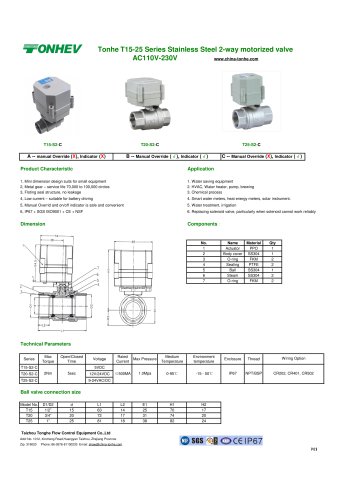 Tonhe T15-25 Series Stainless Steel 2-way motorized valve AC110V-230V