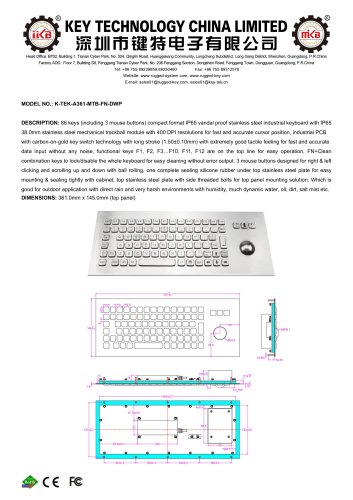 vandal proof metal keyboard K-TEK-A361-MTB-FN-DWP data sheet