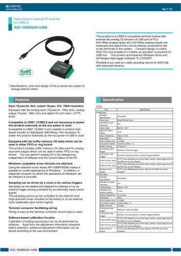 High-precision analog I/O terminal for USB2.0 AIO-160802AY-USB