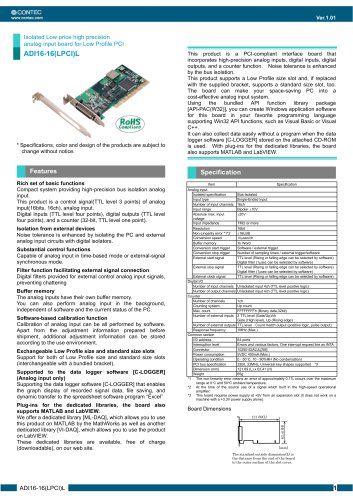 Non-isolation type low price high precision analog input board for Low Profile PCI AD16-16(LPCI)L