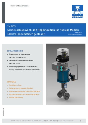 Schnellschlussventil mit Regelfunktion für flüssige Medien - Type KVF/S (DIN)