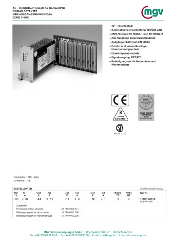 AC - DC SCHALTREGLER für CompactPCI PRIMÄR GETAKTET VIER AUSGANGSSPANNUNGEN SERIE P 4180