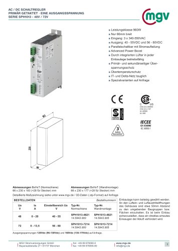 AC / DC SCHALTREGLER Primär getagetaktet Eine Ausgangsspannung serie SPH 1013 48V - 72V