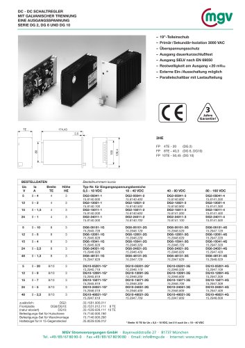 DC - DC SCHALTREGLER MIT GALVANISCHER TRENNUNG EINE AUSGANGSSPANNUNG SERIE DG 2, DG 6 UND DG 10