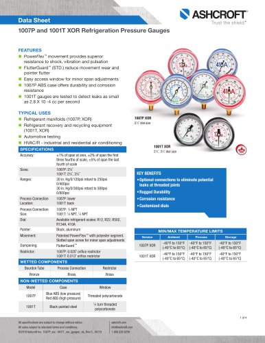 1007P and 1001T XOR Refrigeration Pressure Gauges