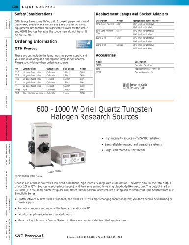 600 - 1000 W Quartz Tungsten Halogen Research Sources  