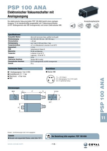 Elektronischer Vakuumschalter Mit Analogausgang, Reihe PSP100ANA