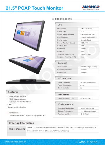 21.5" PCAP Multi touch industrial lcd monitor for AFC(AMG-21OPGD01T4)