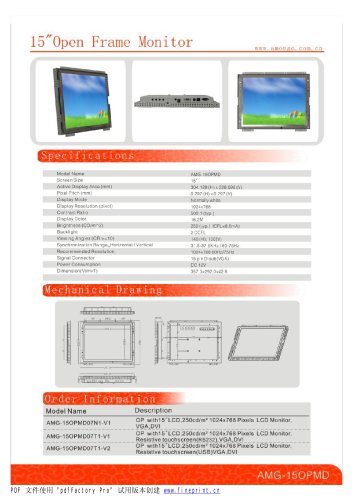 Amongo 15'' Open frame touch screen industrial LCD Monitor/ lcd display/ industrial lcd monitor