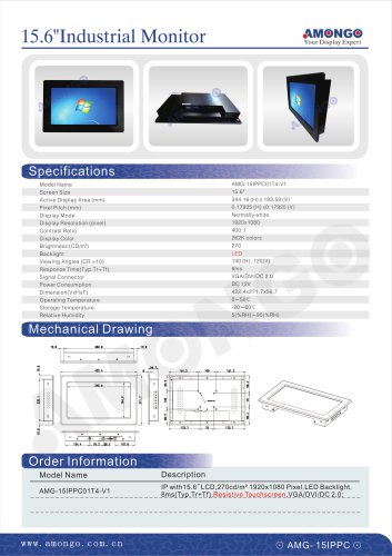 AMONGO 15" Resistive Touchscreen 1920x1080 Pixels LED Backlight (Industrial Touch Monitor)AMG-15IPPC01T4-V1