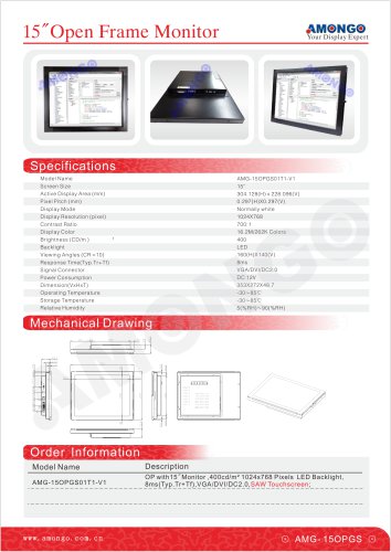 AMONGO 15" SAW Touch Screen LED Backlight(Open Frame Touch Monitor)AMG-15OPGS01T1-V1