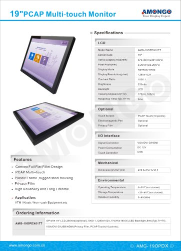 Amongo 19inch open frame monitor,PCAP Multi touch(AMG-19OPDX01T7)