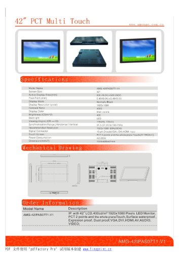 Amongo 42'' Industrial LCD Touch Screen Monitor with PCT 2 POINTS Multi touch Screen/AMG-42IPAS07T1-V1