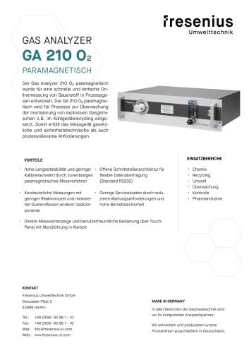 Gas Analyzer GA210 O2 paramagnetisch Datenblatt