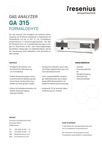 Gas Analyzer GA315 Formaldehyd Datenblatt