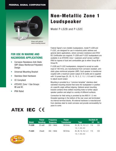 P-LS2B and P-LS2C Corrosion Resistant Zone 1 Loudspeaker