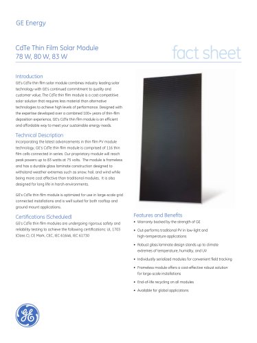 CdTe Thin Film Solar Module 78 W, 80 W, 83 W